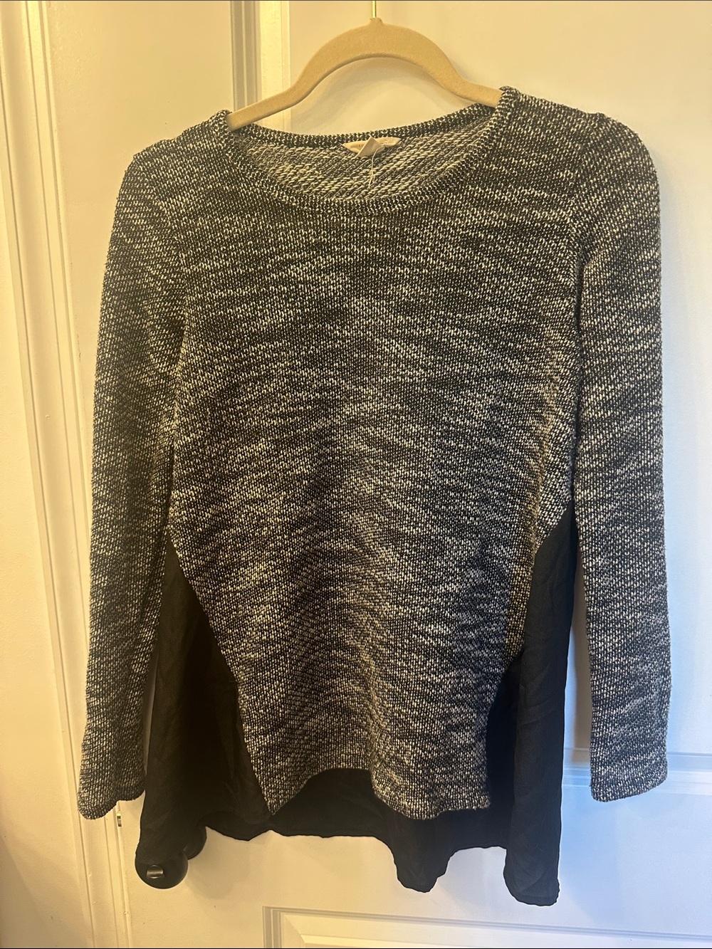 Lucky Brand Black and Gray Marled Layered-Hem Crewneck Sweater